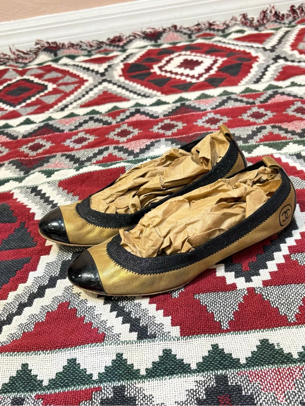Chanel Gold and Black Cap-Toe Ballet Flats